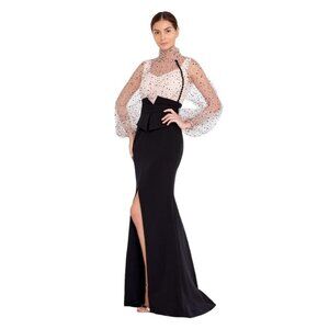 NWT RENGIN Long Sleeve Maxi Crepe Mermaid Regular Black-Pink Evening Dress Size